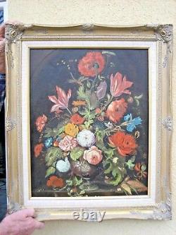 Tableau Merveilleux Bouquet Ancien-ecole Flamande-signé-huile Toile-cadre Bois