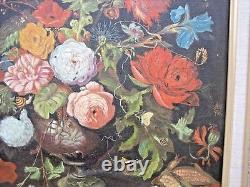 Tableau Merveilleux Bouquet Ancien-ecole Flamande-signé-huile Toile-cadre Bois