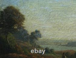 Tableau Paysage Romantique à Huile, Signé, Cadre Ancien, Ouvre Unique