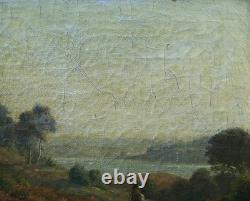 Tableau Paysage Romantique à Huile, Signé, Cadre Ancien, Ouvre Unique