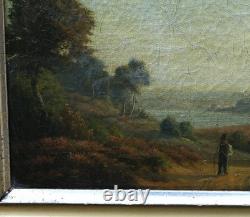 Tableau Paysage Romantique à Huile, Signé, Cadre Ancien, Ouvre Unique