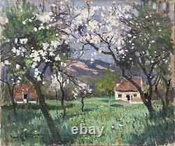 Tableau Peinture 20èm XXèm Maurice Martin Paysage Pommiers en fleurs rare ancien