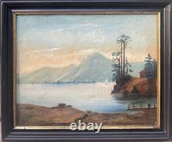 Tableau Peinture Cadre 19èm XIXèm Paysage Lac animé italien Suisse rare ancien