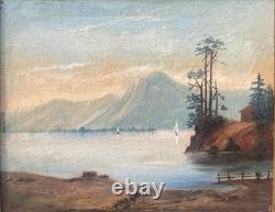 Tableau Peinture Cadre 19èm XIXèm Paysage Lac animé italien Suisse rare ancien