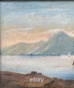 Tableau Peinture Cadre 19èm XIXèm Paysage Lac animé italien Suisse rare ancien