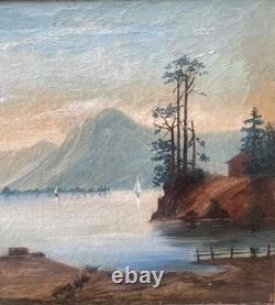 Tableau Peinture Cadre 19èm XIXèm Paysage Lac animé italien Suisse rare ancien