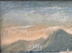 Tableau Peinture Cadre 19èm XIXèm Paysage Lac animé italien Suisse rare ancien