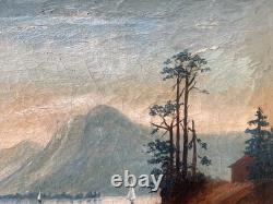 Tableau Peinture Cadre 19èm XIXèm Paysage Lac animé italien Suisse rare ancien