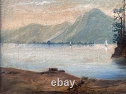 Tableau Peinture Cadre 19èm XIXèm Paysage Lac animé italien Suisse rare ancien