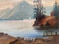 Tableau Peinture Cadre 19èm XIXèm Paysage Lac animé italien Suisse rare ancien