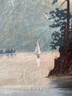 Tableau Peinture Cadre 19èm XIXèm Paysage Lac animé italien Suisse rare ancien