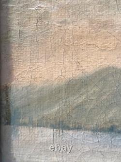 Tableau Peinture Cadre 19èm XIXèm Paysage Lac animé italien Suisse rare ancien