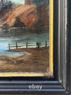 Tableau Peinture Cadre 19èm XIXèm Paysage Lac animé italien Suisse rare ancien