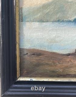 Tableau Peinture Cadre 19èm XIXèm Paysage Lac animé italien Suisse rare ancien