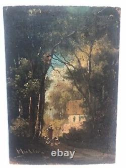 Tableau Peinture Huile Panneau Ancien Paysage Personnage Maison XIXe Siècle