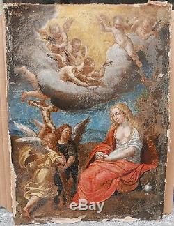 Tableau Religieux Ancien Huile Scène Marie Madeleine Anges XVIIe à restaurer