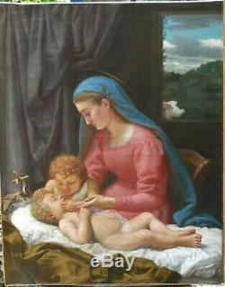Tableau Religieux Ancien Huile Vierge à l'Enfant avec le petit St Jean-Baptiste
