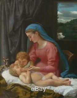 Tableau Religieux Ancien Huile Vierge à l'Enfant avec le petit St Jean-Baptiste