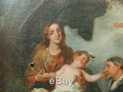 Tableau Religieux Ancien Portrait Scène Vierge à l'enfant Anges XIXe à restaurer