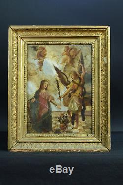 Tableau Religieux ancien éc. Italienne 17e Annonciation ange Gabriel Marie marbre