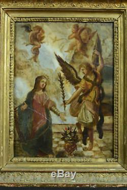 Tableau Religieux ancien éc. Italienne 17e Annonciation ange Gabriel Marie marbre