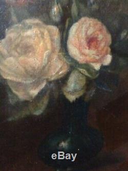 Tableau XIXe Bouquet de Roses anciennes Huile /Toile signée proche Alfred ROUBY