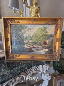 Tableau XIXe Huile Sur Toile Ancienne Fleuve De Campagne Signée Cadre Empire