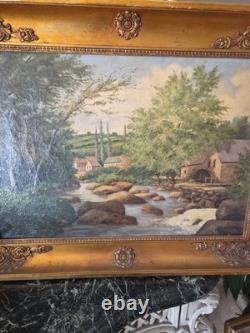 Tableau XIXe Huile Sur Toile Ancienne Fleuve De Campagne Signée Cadre Empire