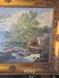 Tableau XIXe Huile Sur Toile Ancienne Fleuve De Campagne Signée Cadre Empire
