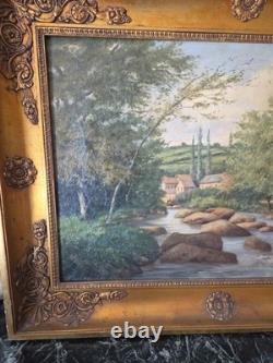 Tableau XIXe Huile Sur Toile Ancienne Fleuve De Campagne Signée Cadre Empire