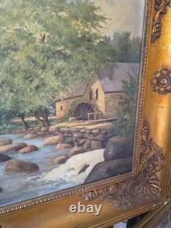 Tableau XIXe Huile Sur Toile Ancienne Fleuve De Campagne Signée Cadre Empire