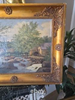 Tableau XIXe Huile Sur Toile Ancienne Fleuve De Campagne Signée Cadre Empire