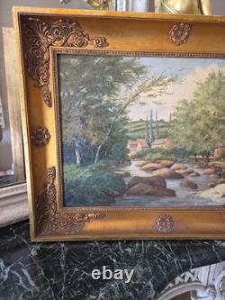 Tableau XIXe Huile Sur Toile Ancienne Fleuve De Campagne Signée Cadre Empire