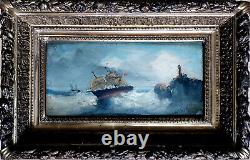 Tableau à l'huile ancien marine, bord de mer, voilier, Phare, signé Cabanne