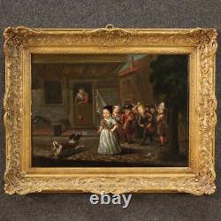 Tableau allemand ancien huile sur panneau peinture enfants cadre 19ème siècle