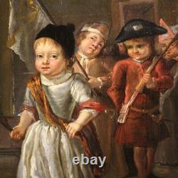 Tableau allemand ancien huile sur panneau peinture enfants cadre 19ème siècle