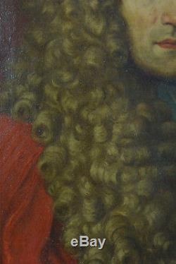 Tableau ancien 17ème Beau Portrait de jeune homme à la Perruque Costume Rouge