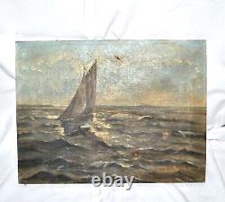 Tableau ancien 1900 Huile sur toile MARINE Voilier Paquebot Tempête océan 35x45