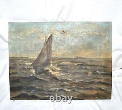 Tableau ancien 1900 Huile sur toile MARINE Voilier Paquebot Tempête océan 35x45