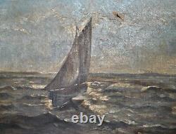 Tableau ancien 1900 Huile sur toile MARINE Voilier Paquebot Tempête océan 35x45