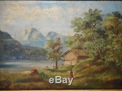 Tableau ancien 19 siècle peinture Barbizon paysage campagne lac montagne
