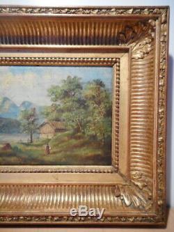 Tableau ancien 19 siècle peinture Barbizon paysage campagne lac montagne