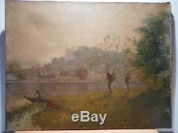 Tableau ancien 19 siècle peinture Francisque PREVEL D'ARLAY chateau bord rivière