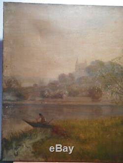 Tableau ancien 19 siècle peinture Francisque PREVEL D'ARLAY chateau bord rivière