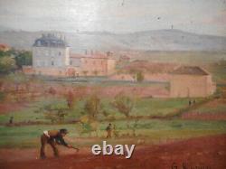 Tableau ancien 19 siècle peinture paysage agriculteur campagne G BUSSIERE