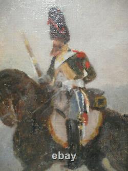 Tableau ancien 19 siècle peinture soldat empire grenadier cavalier à cheval