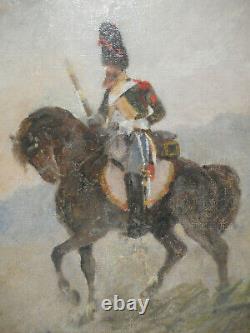 Tableau ancien 19 siècle peinture soldat empire grenadier cavalier à cheval