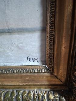Tableau ancien 19e signé Julien Feron huile/toile cadre doré antique painting