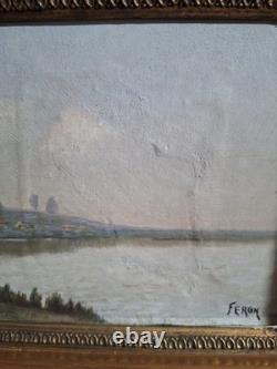 Tableau ancien 19e signé Julien Feron huile/toile cadre doré antique painting