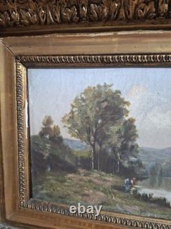 Tableau ancien 19e signé Julien Feron huile/toile cadre doré antique painting